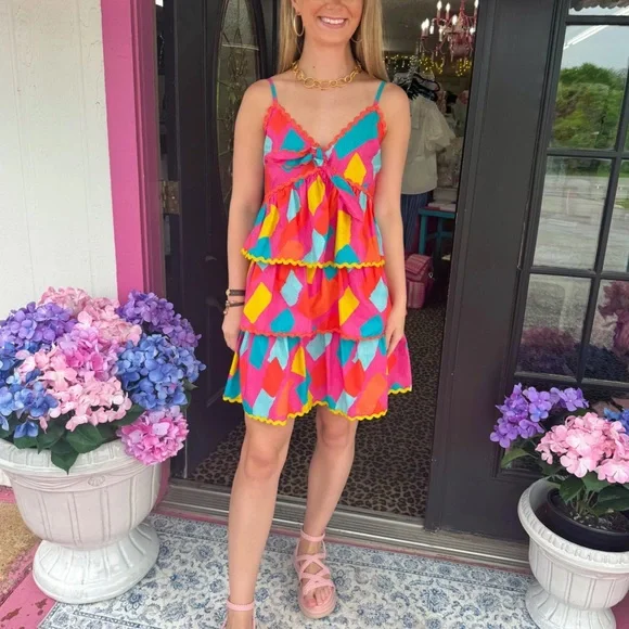 NWT Scrap work Pink Multi Geo Tiered Dress size L - Picture 1 of 8